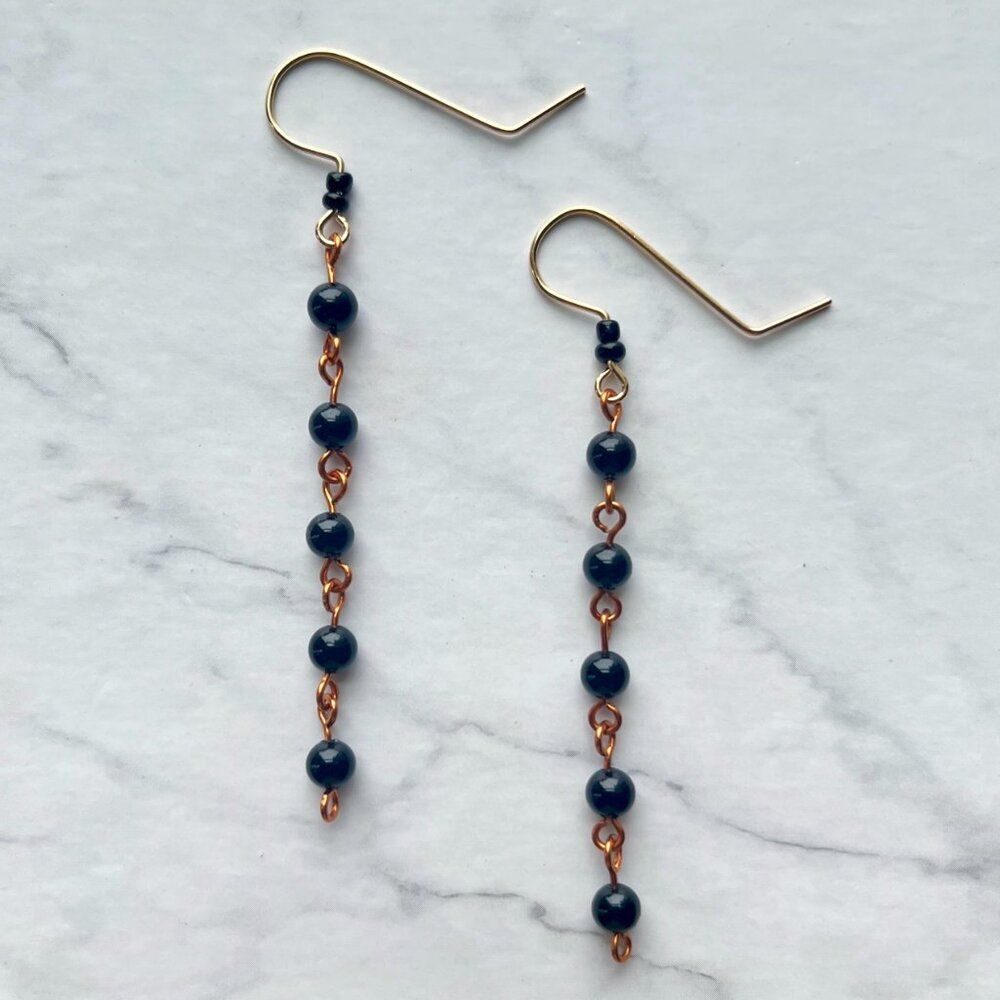 Black Small Round Bead Dangle Drop Earrings